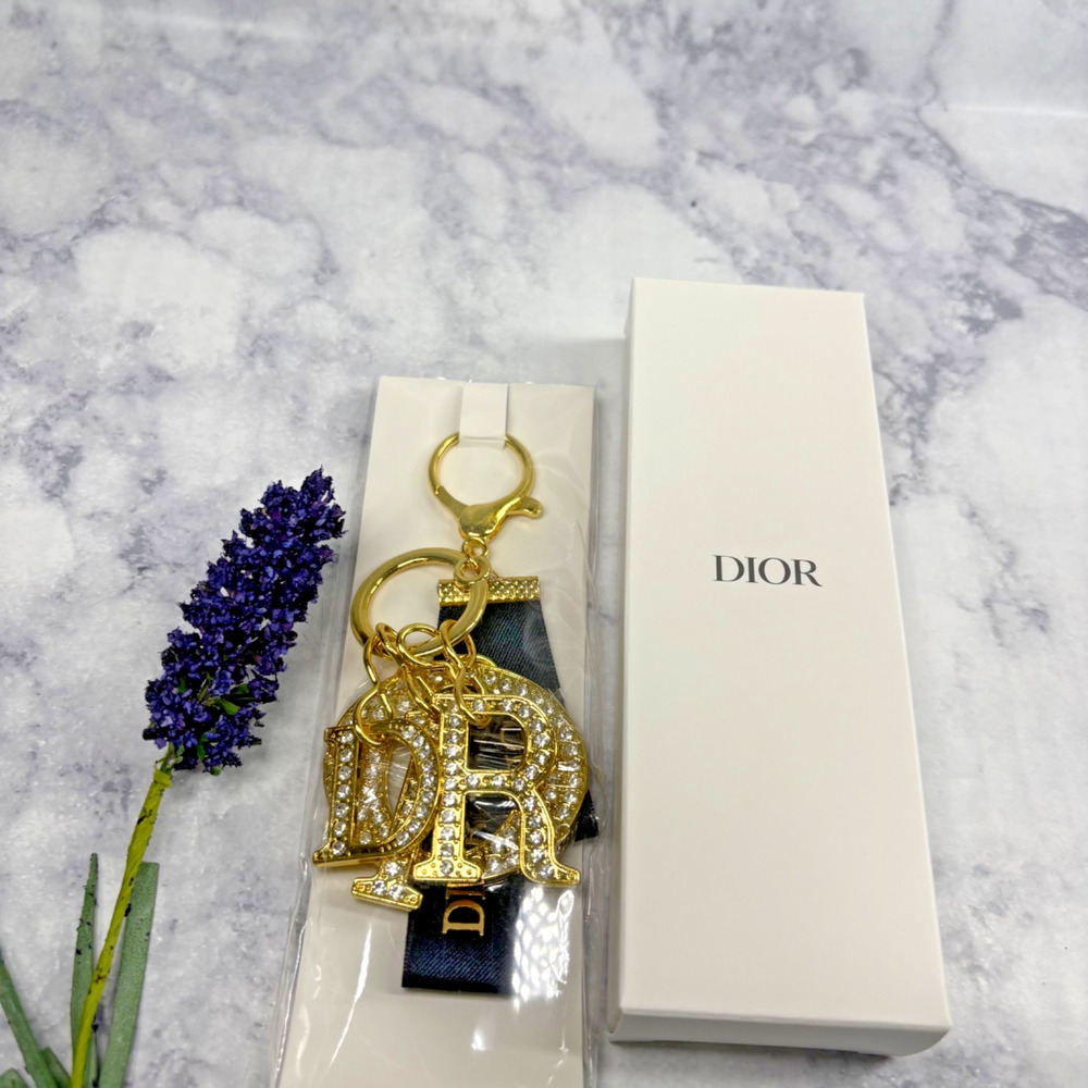Christian Dior CD Bag Charm Keyring Luxury Gold Clip Logo Navy Blue Crystal New